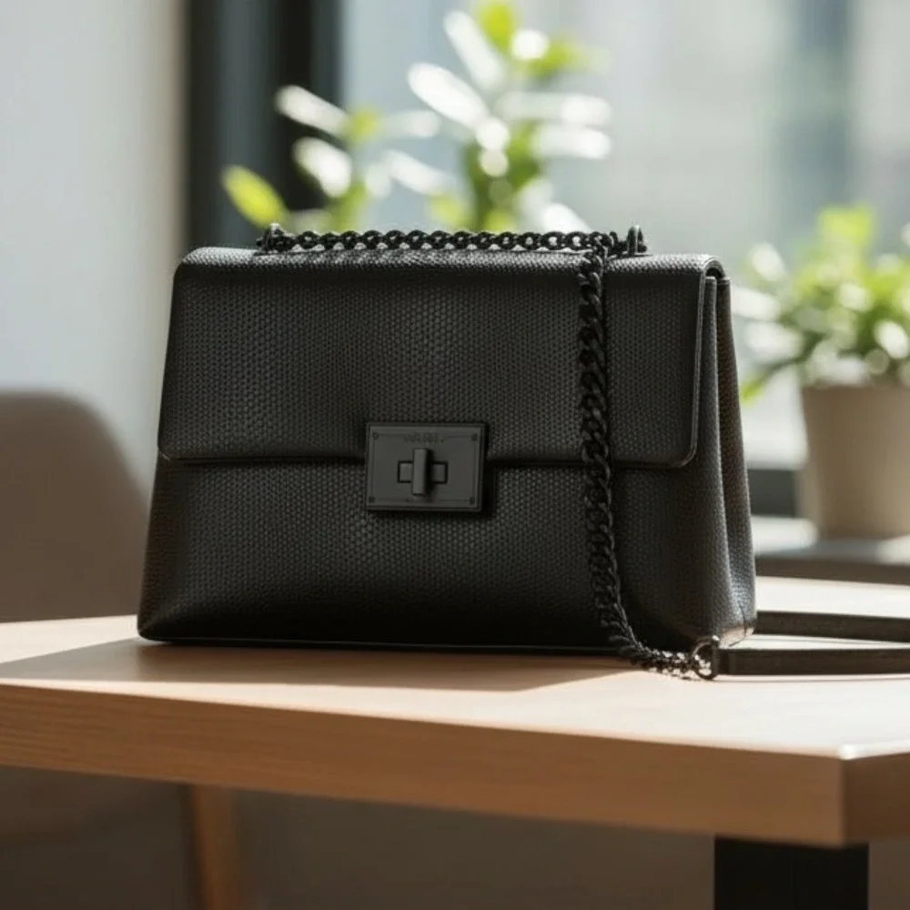 Nicole Miller NWT Black Pebbled Chain Flap Shoulder Bag Quiet Luxury Purse
